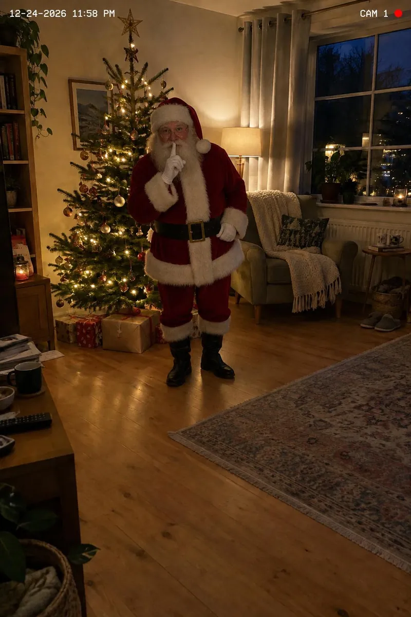 A security camera still of Santa in front of a family's lit Christmas tree with a finger to his lips, timestamped 11:58 PM on Christmas Eve