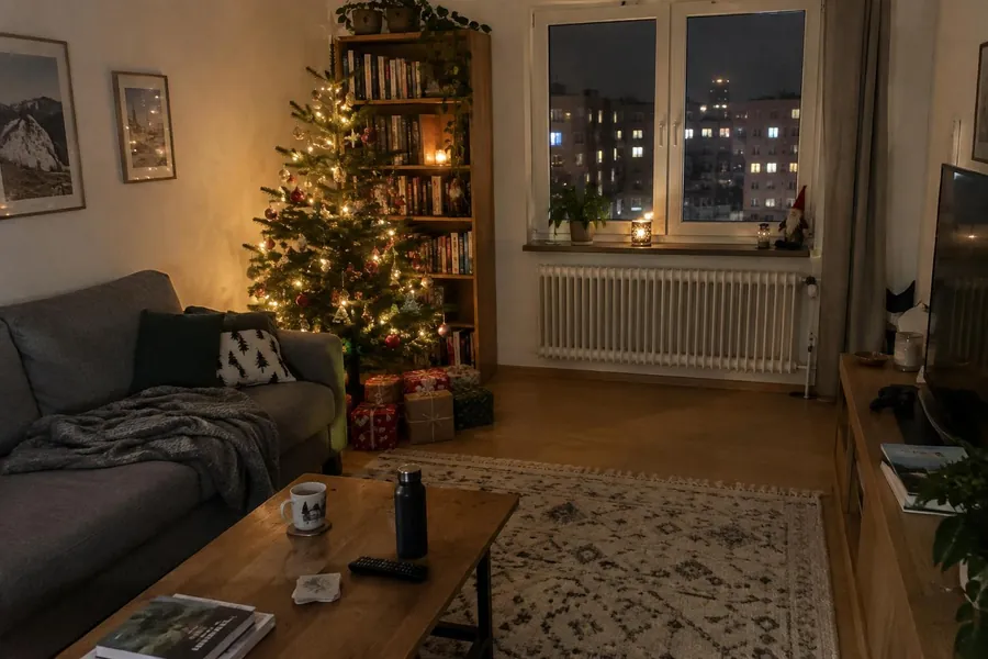 A city apartment living room with a small Christmas tree by the bookshelf