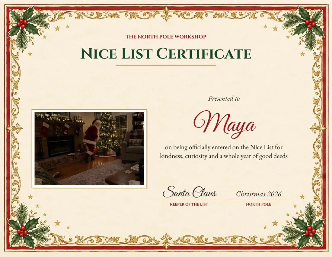 A Nice List certificate presented to Maya, signed Santa Claus, Keeper of the List, with the Santa photo in a gold frame