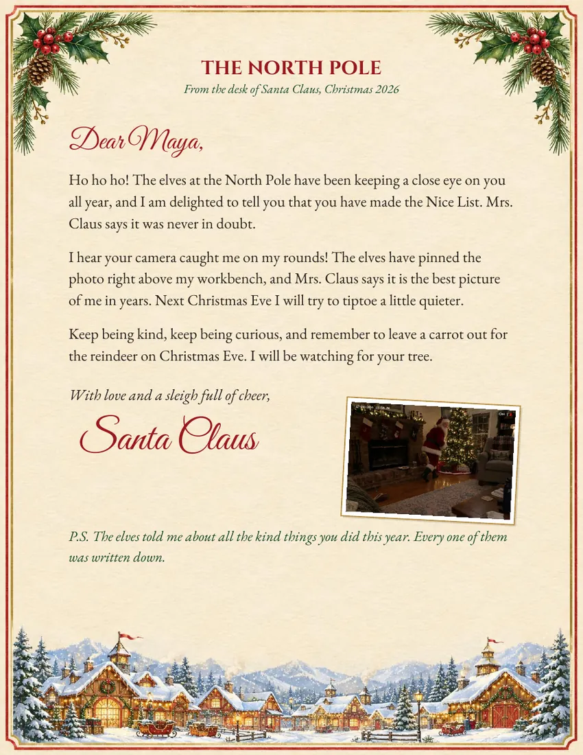 A letter from Santa to Maya on North Pole letterhead, with the Santa photo pinned beside his signature