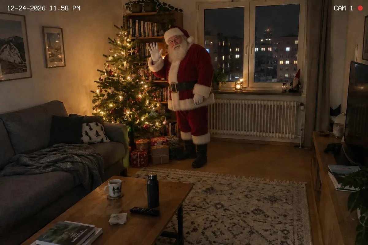The same room on a security camera at 11:58 PM on Christmas Eve, with Santa waving at the camera beside a small tree in a city apartment