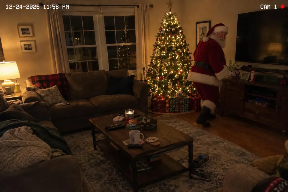 Santa tiptoeing past the tree, glancing back at the camera