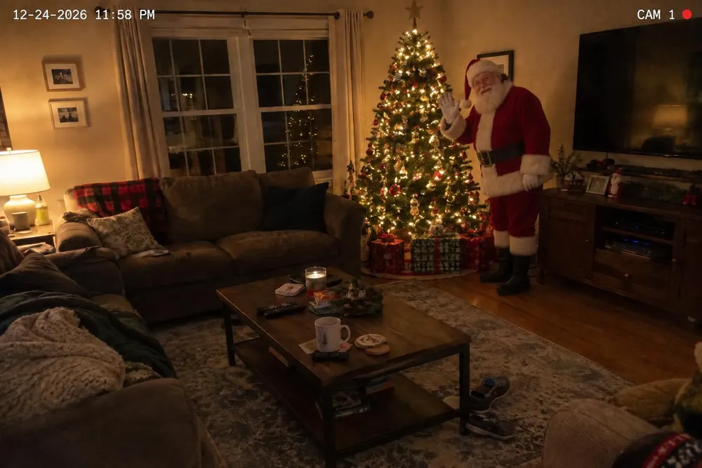 Santa by the tree giving the camera a cheerful little wave