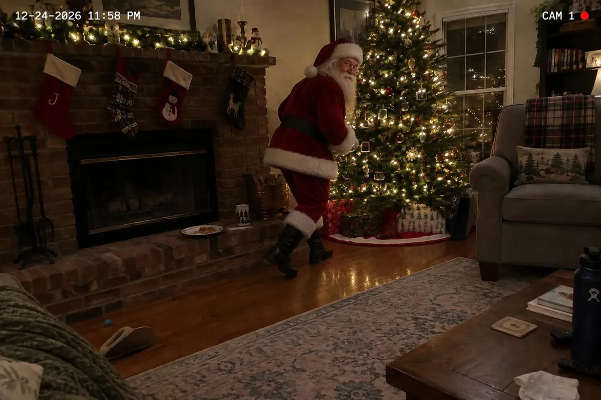 The same room on a security camera at 11:58 PM on Christmas Eve, with Santa tiptoeing past the fireplace and the stockings