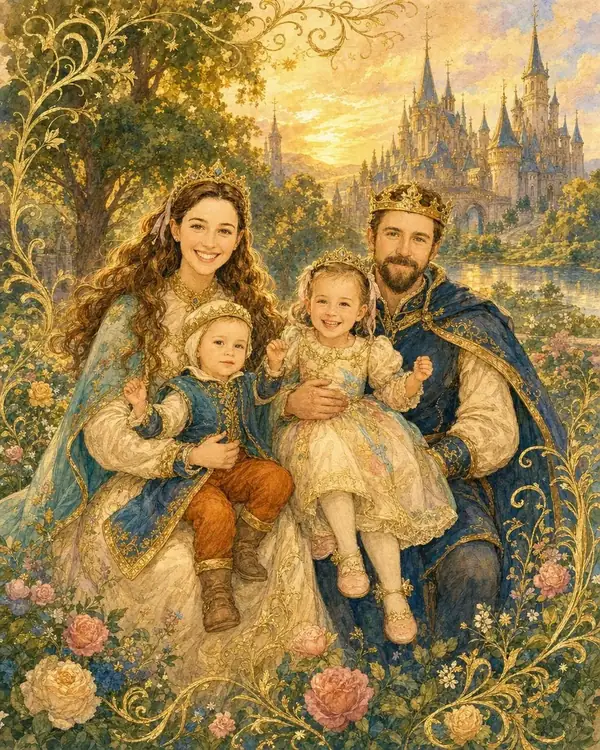 A family of four painted as a golden-age storybook legend, one of the family art styles