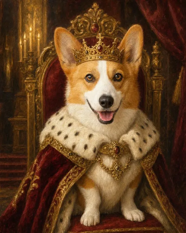 Custom royal pet portrait of a pet as a crowned monarch in an ermine robe on a palace throne