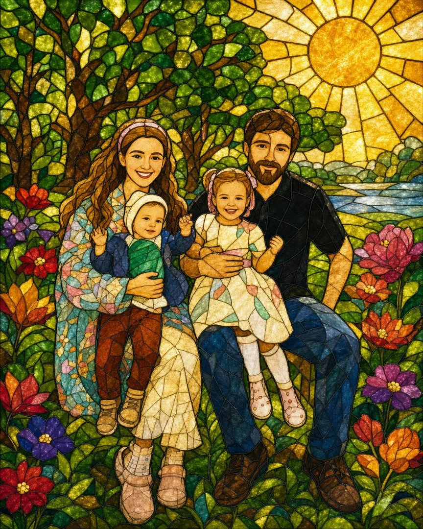 A family portrait in the Stained Glass style: sunlit jewel-toned glass panel
