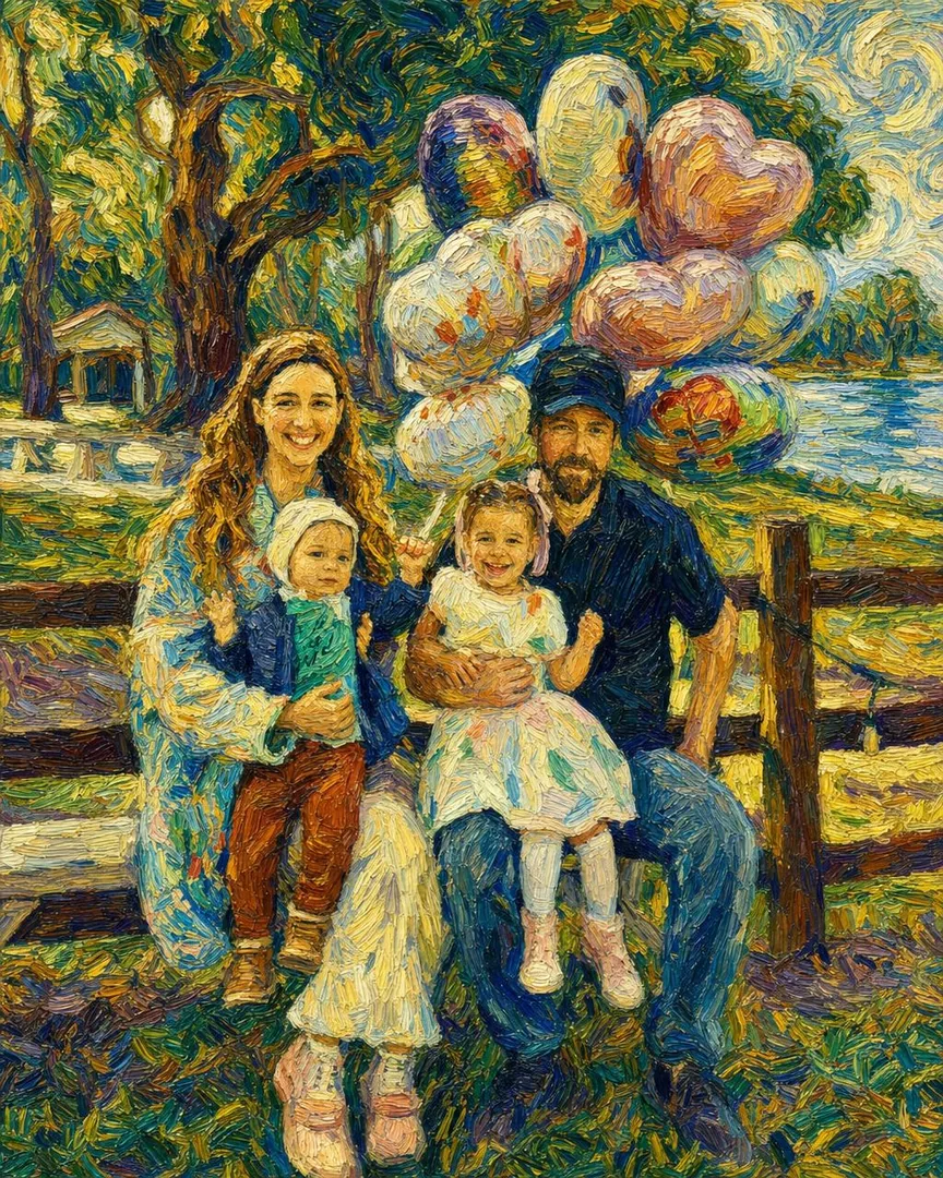 A family portrait in the Starry Swirl style: swirling post-impressionist oil