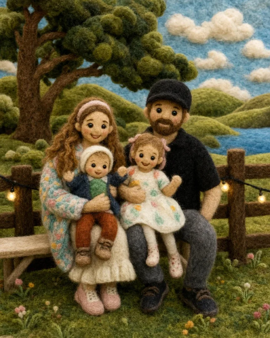 A family portrait in the Cozy Wool style: soft needle-felted wool figures