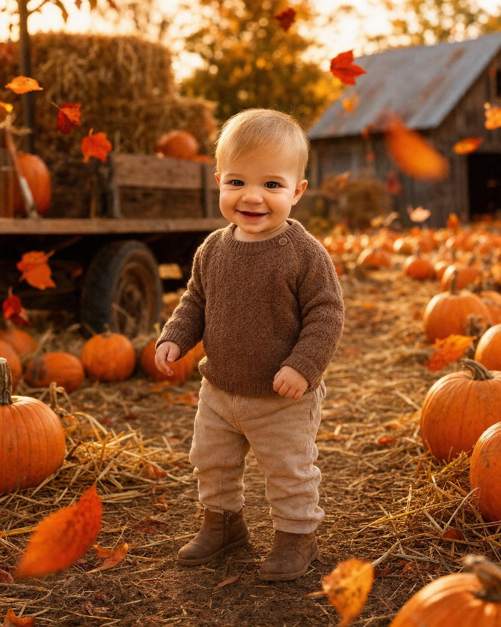 Another Autumn Harvest example: a happy boy among rows of orange pumpkins on a sunny fall day, drifting leaves and a rustic barn in the background.