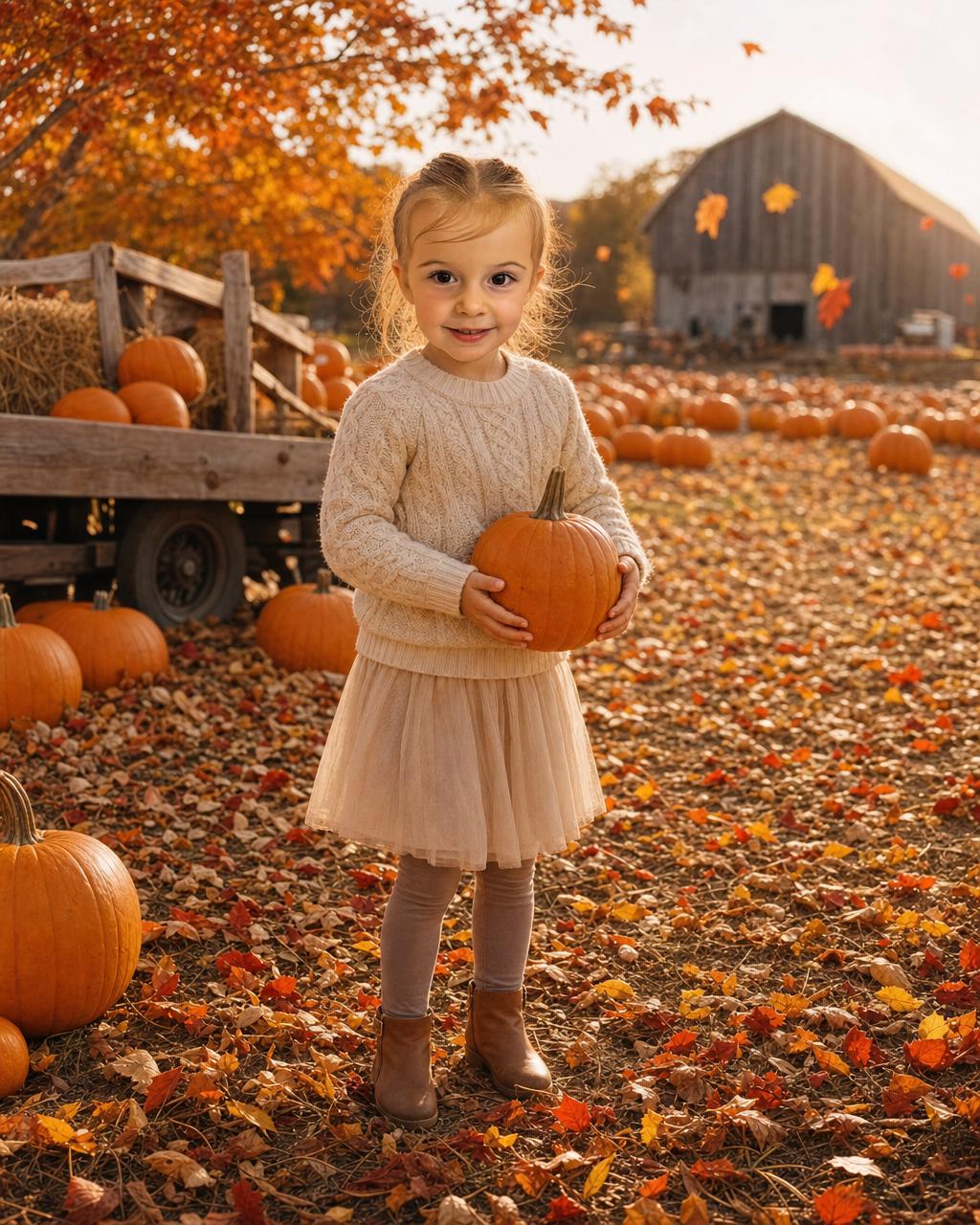 A girl reimagined as the star of a glowing pumpkin patch, laughing among autumn leaves and a hay-bale wagon, an example of the personalized fall keepsake puzzle.