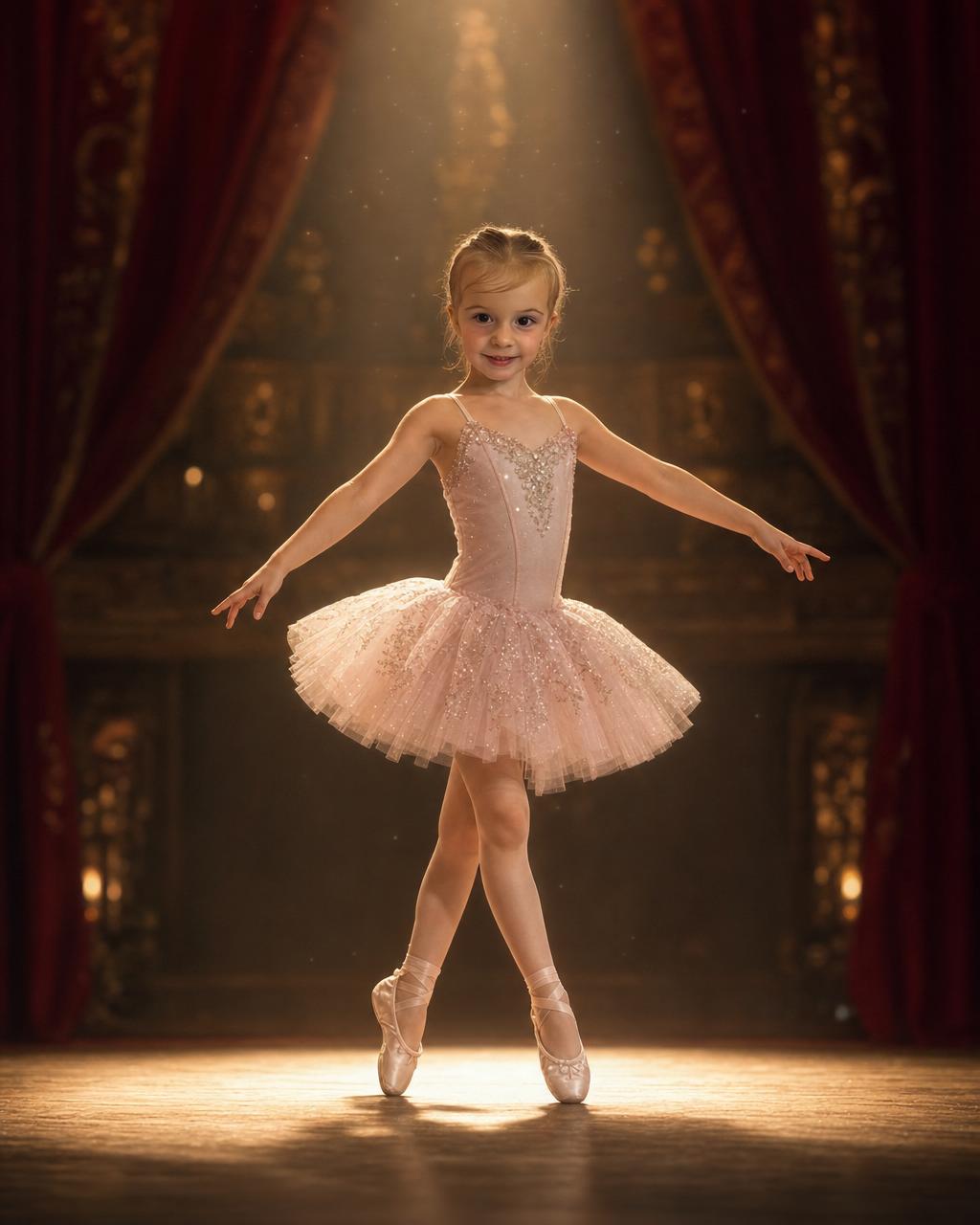 Another Prima Ballerina example: a young dancer in soft ballet slippers and a glittering tutu under a single spotlight, red velvet curtains framing the stage behind her.