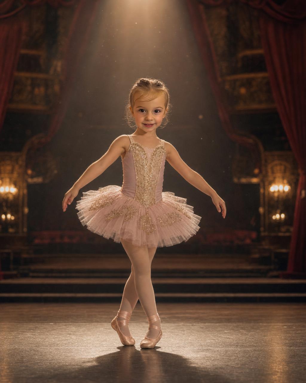 A girl reimagined as a graceful prima ballerina center stage, showing how the personalized portrait keeps each child's real face, hair, and skin tone.