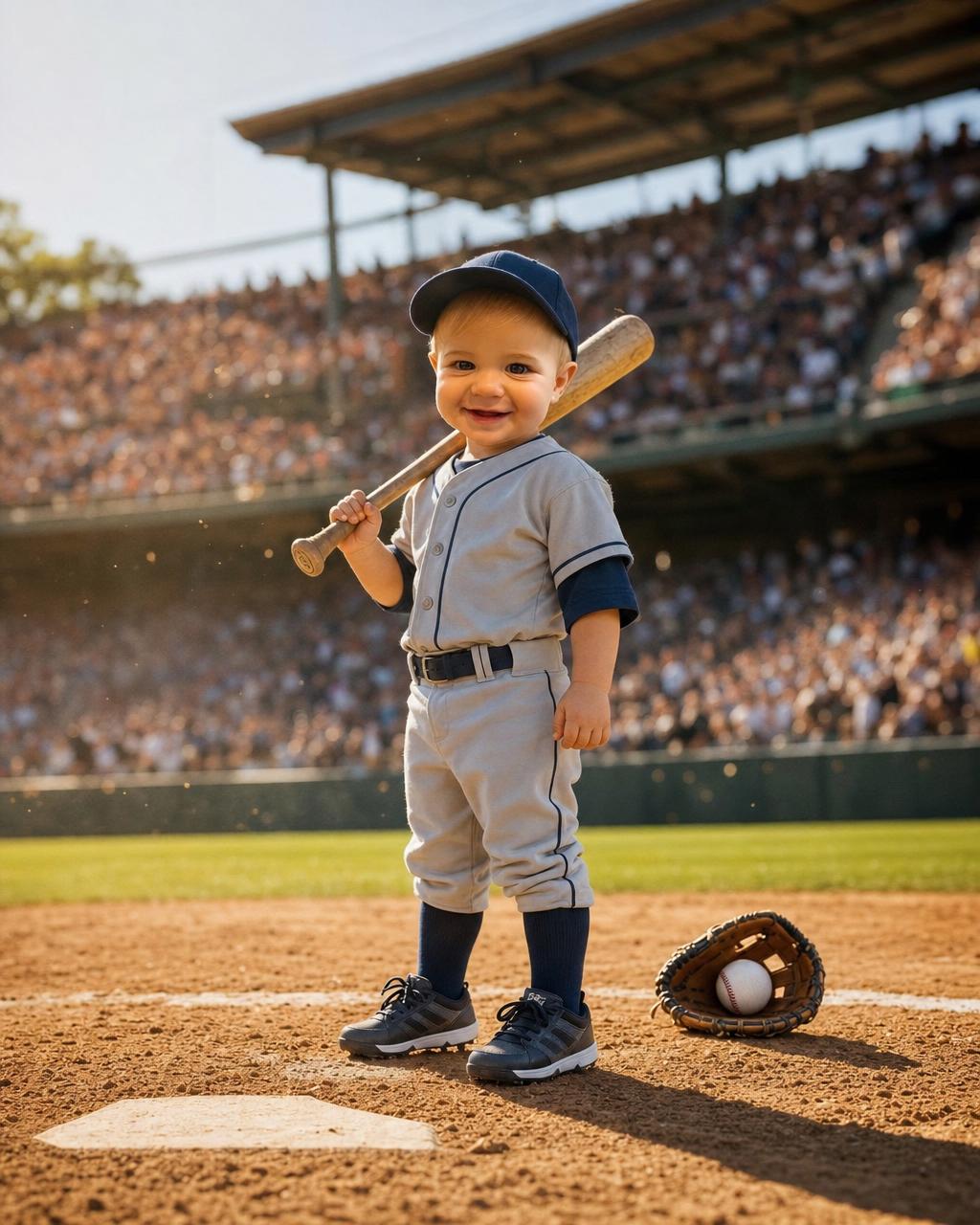 Another Baseball Star render: a boy in a crisp kid-sized team uniform on a sunlit ballpark diamond with a glove nearby and a cheering grandstand behind him.