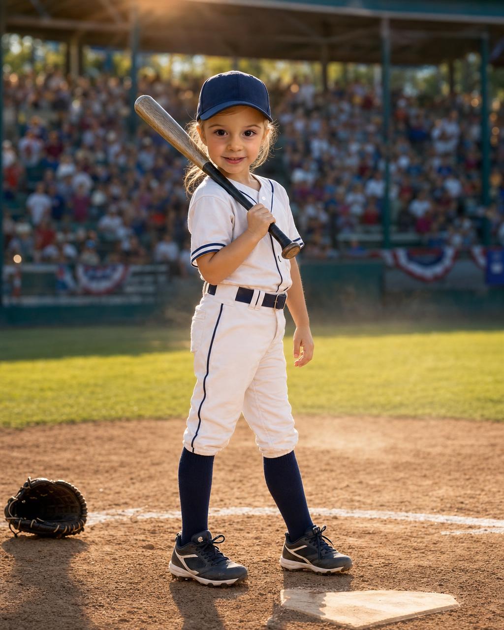 A girl reimagined as a baseball star at the plate after a big hit, an example of the personalized baseball puzzle keeping the child's likeness.