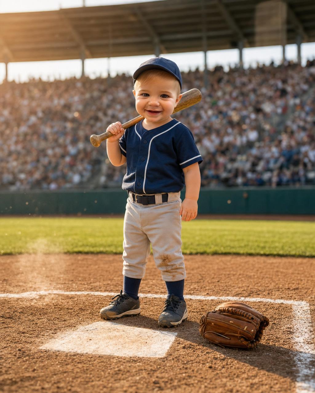 Personalized baseball puzzle showing a boy as a young baseball star in a team uniform and cap at home plate, bat over one shoulder, the ballpark and crowd glowing behind him.
