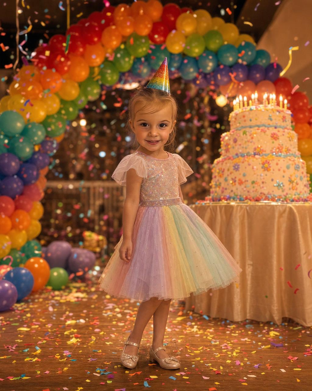 A smiling girl at a confetti-filled birthday celebration with a glowing tiered cake on a personalized birthday puzzle