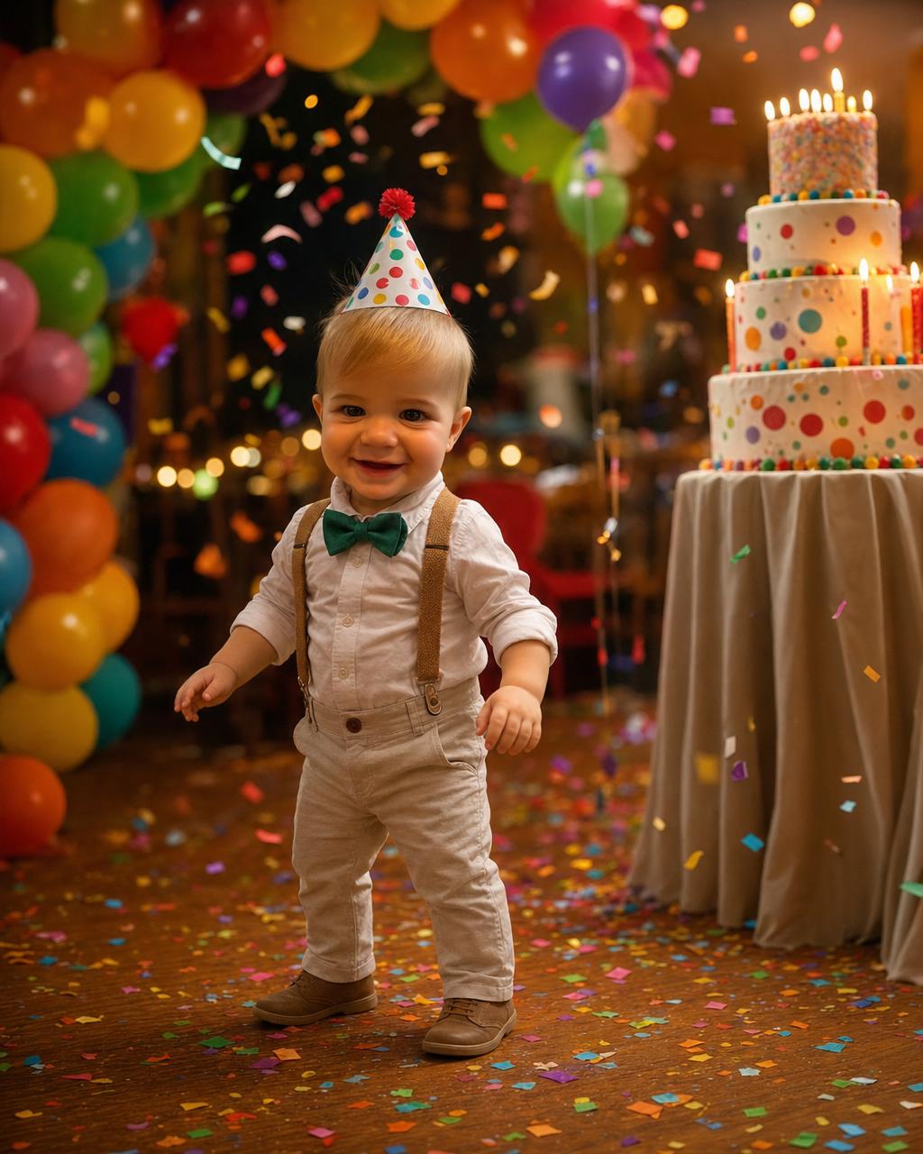A boy reimagined as the guest of honor at a magical birthday bash with balloons and falling confetti on a custom jigsaw puzzle