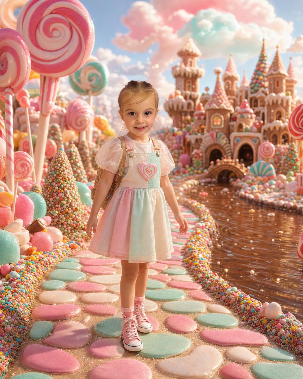 Another Candy Kingdom example: a girl wandering past a glossy chocolate river under swirling cotton-candy clouds, showing the whimsical personalized candy-land portrait.