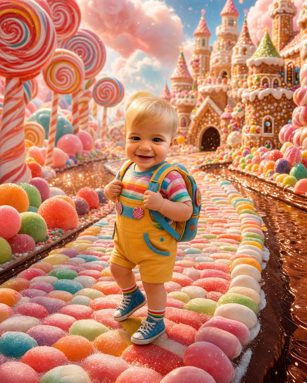 A boy reimagined as the explorer of a magical Candy Kingdom of lollipop forests and gumdrop turrets, showing how the portrait keeps each kid's real face.
