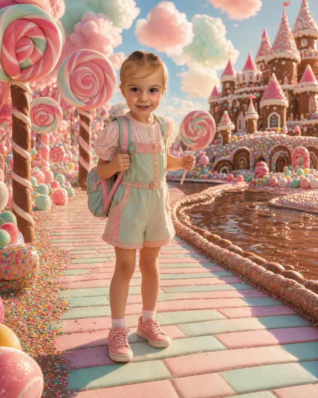 Example custom Candy Kingdom puzzle render: a girl as a delighted explorer on a candy-cobblestone path among towering lollipop trees and gingerbread castles, a personalized candy gift for kids.