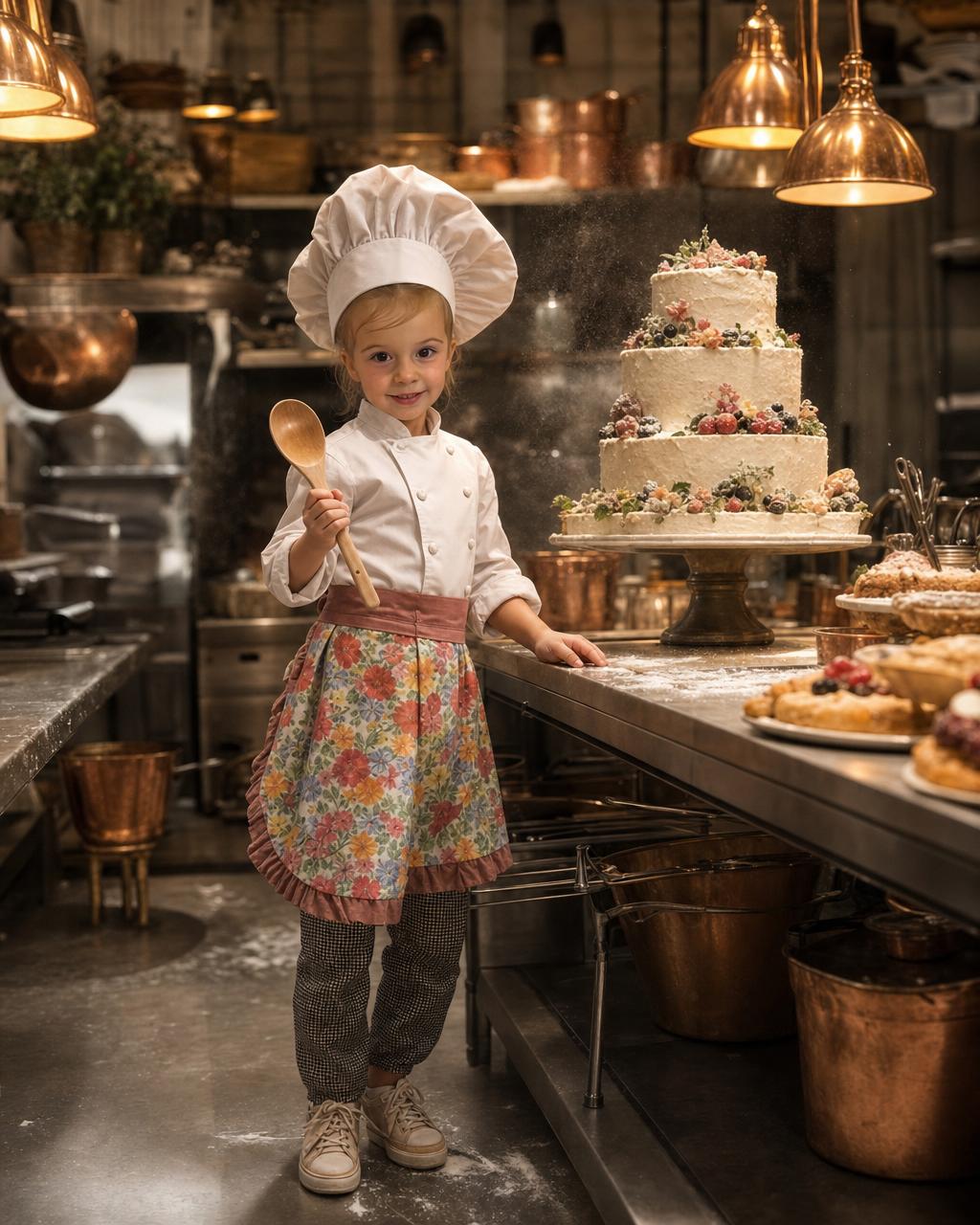 Another Head Chef render: a girl in a chef jacket and puffy hat beaming next to trays of pastries and copper pots in a warm professional kitchen.