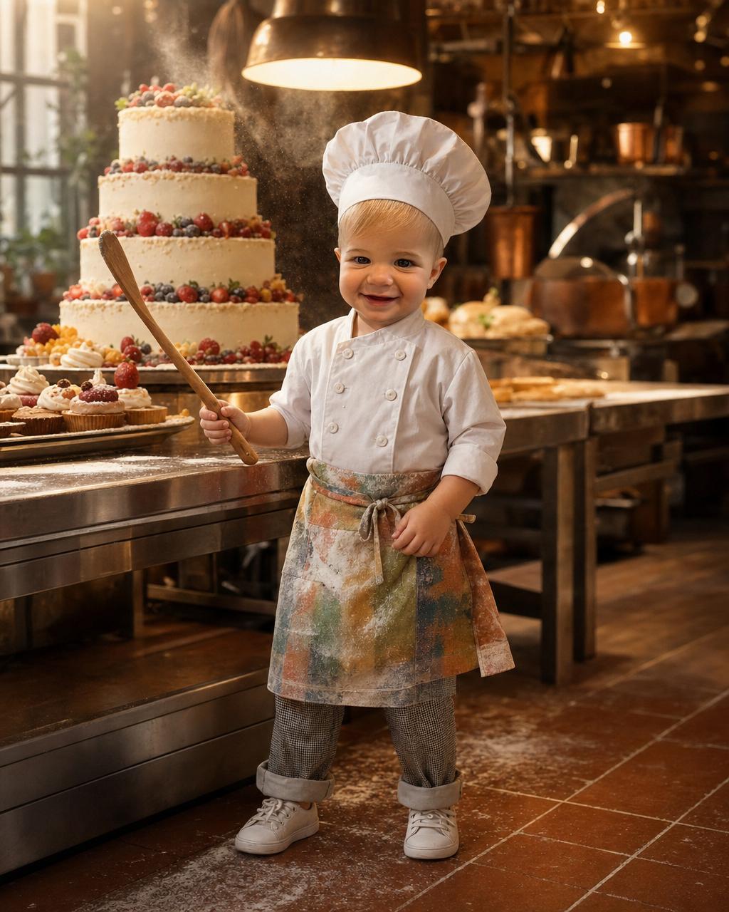 A boy reimagined as a proud young head chef in a tall chef hat beside a towering tiered cake, an example of the personalized chef puzzle keeping the child's likeness.