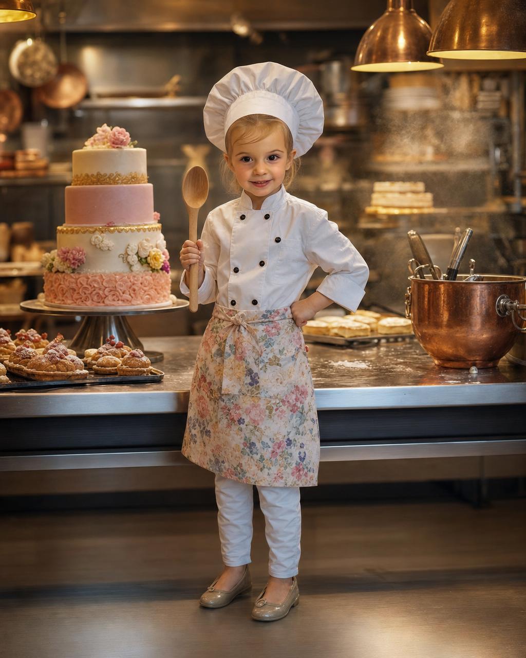 Personalized chef puzzle showing a girl as a confident young head chef in a crisp white jacket and tall hat, holding a wooden spoon beside a towering cake in a busy kitchen.