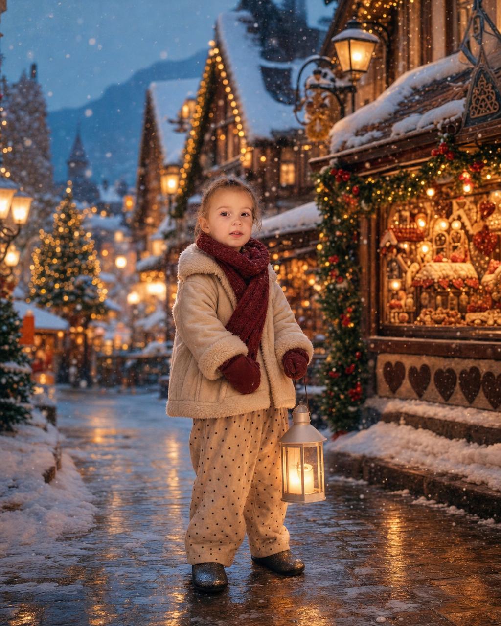 Another Christmas Village example: a bundled-up child on a snowy cobblestone street with glowing lanterns and gingerbread shopfronts at twilight.