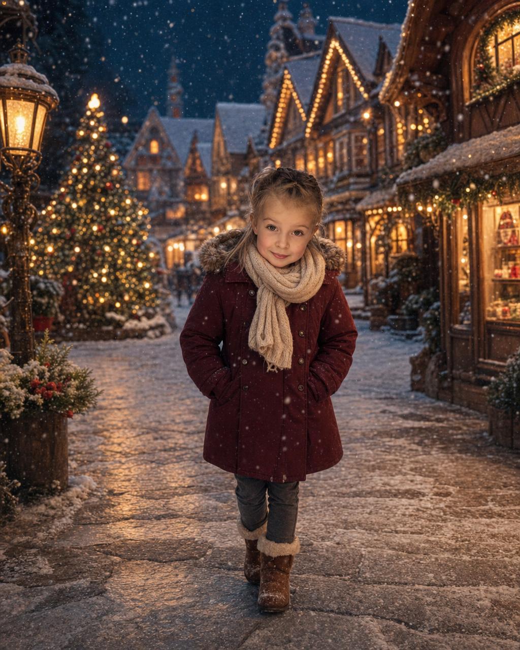 A different child as the star of a snowy holiday village scene, an example of the personalized Christmas keepsake puzzle.
