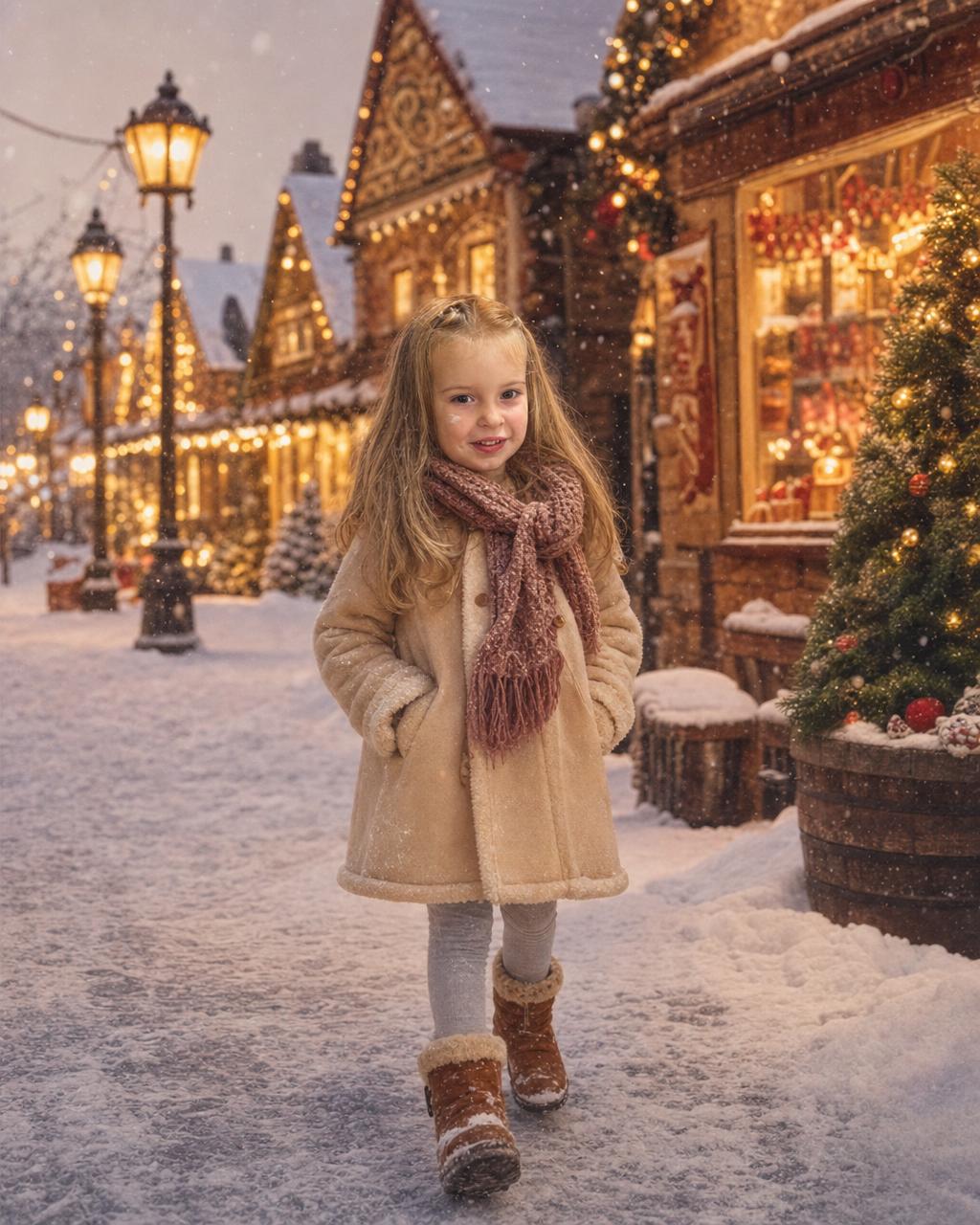 A personalized Christmas puzzle showing a smiling child in a warm coat and scarf standing in a snowy European Christmas village at twilight, lit by glowing lanterns and string lights.