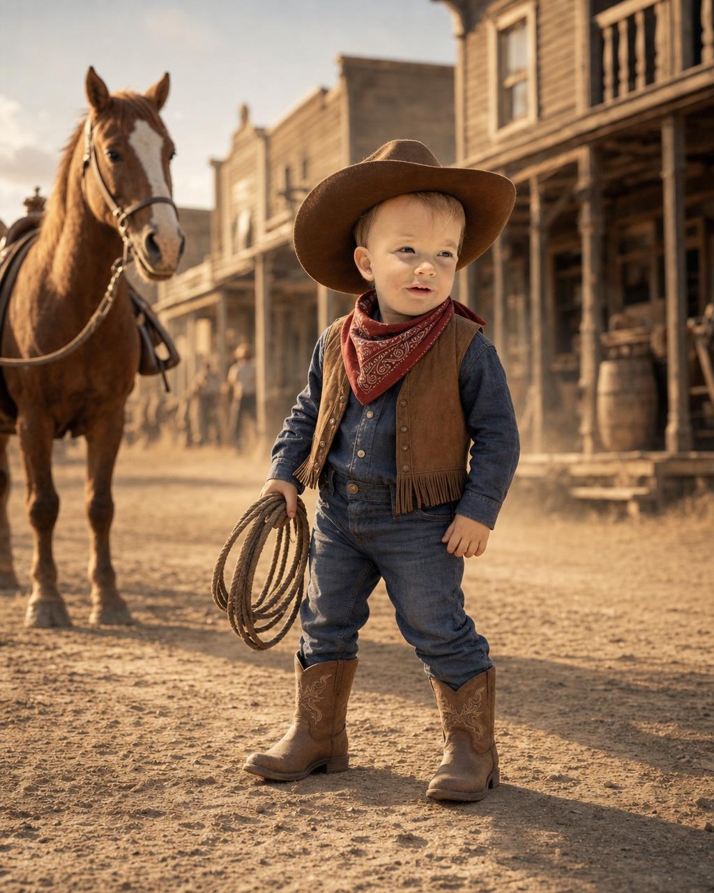 Another Wild West Cowboy example: a young cowboy in hat and bandana on a dusty frontier street, weapon-free, in warm golden-hour light.