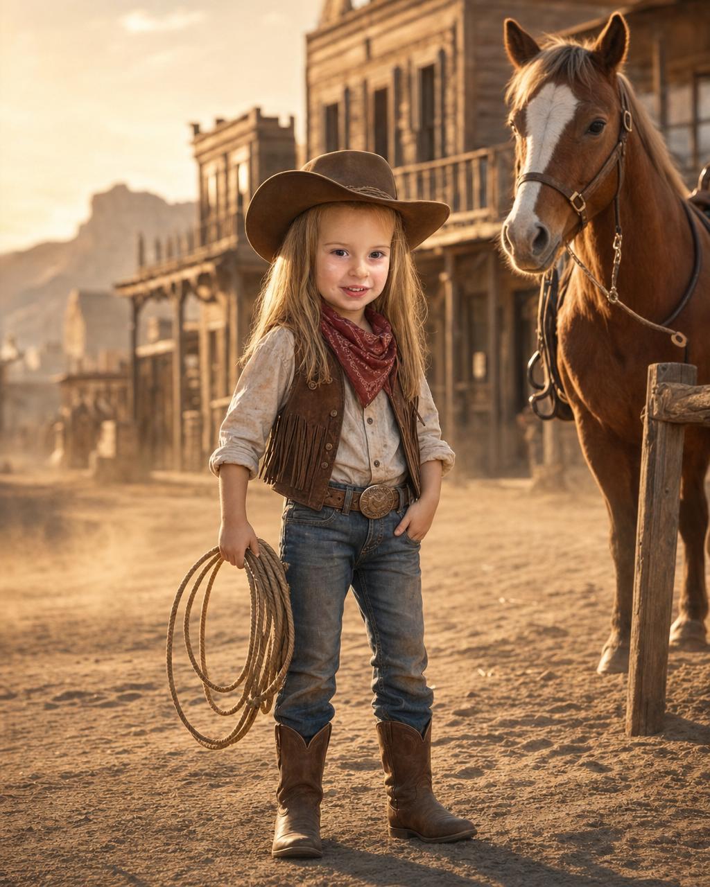 A different child as a confident young cowboy or cowgirl beside a friendly horse, showing the personalized Western puzzle portrait.