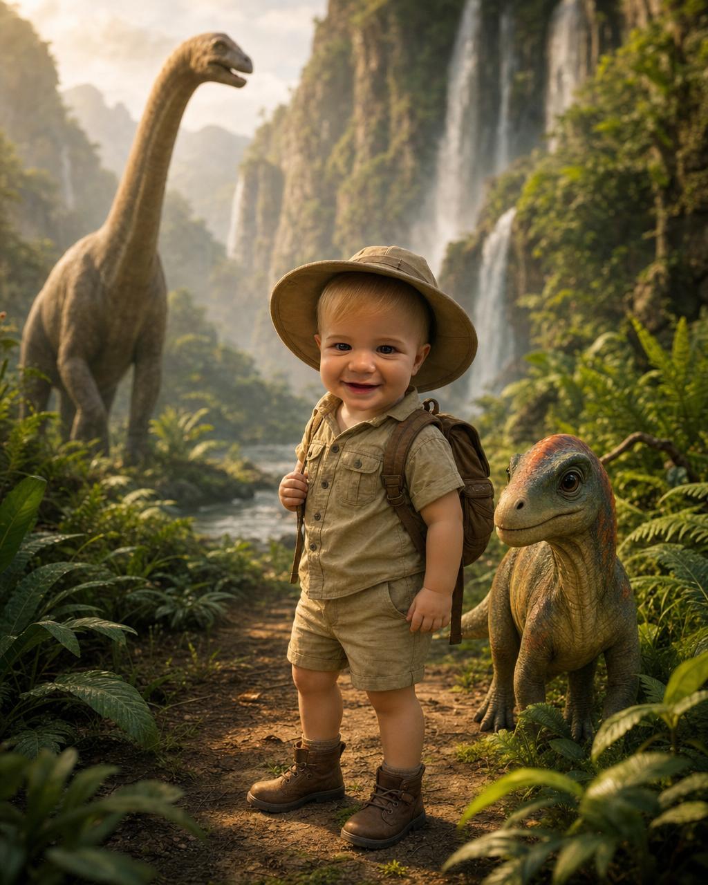 Another Dino Expedition example: a young explorer with a backpack beside a small friendly dinosaur, waterfalls and misty cliffs in the background.