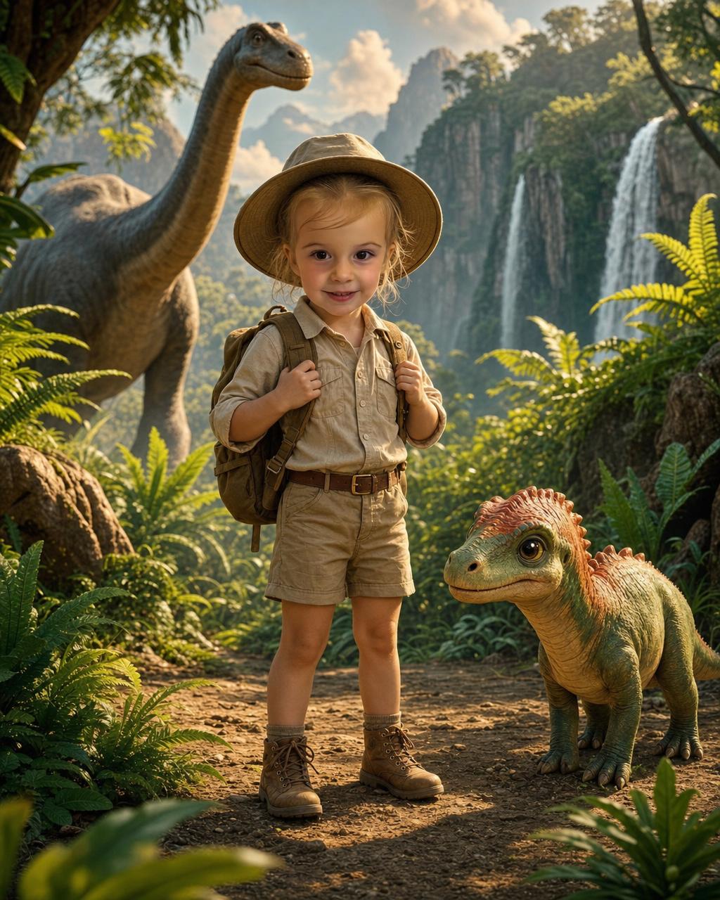 A girl reimagined as a lost-world dinosaur explorer among giant ferns and gentle dinosaurs, showing how the personalized portrait keeps each kid's real face.