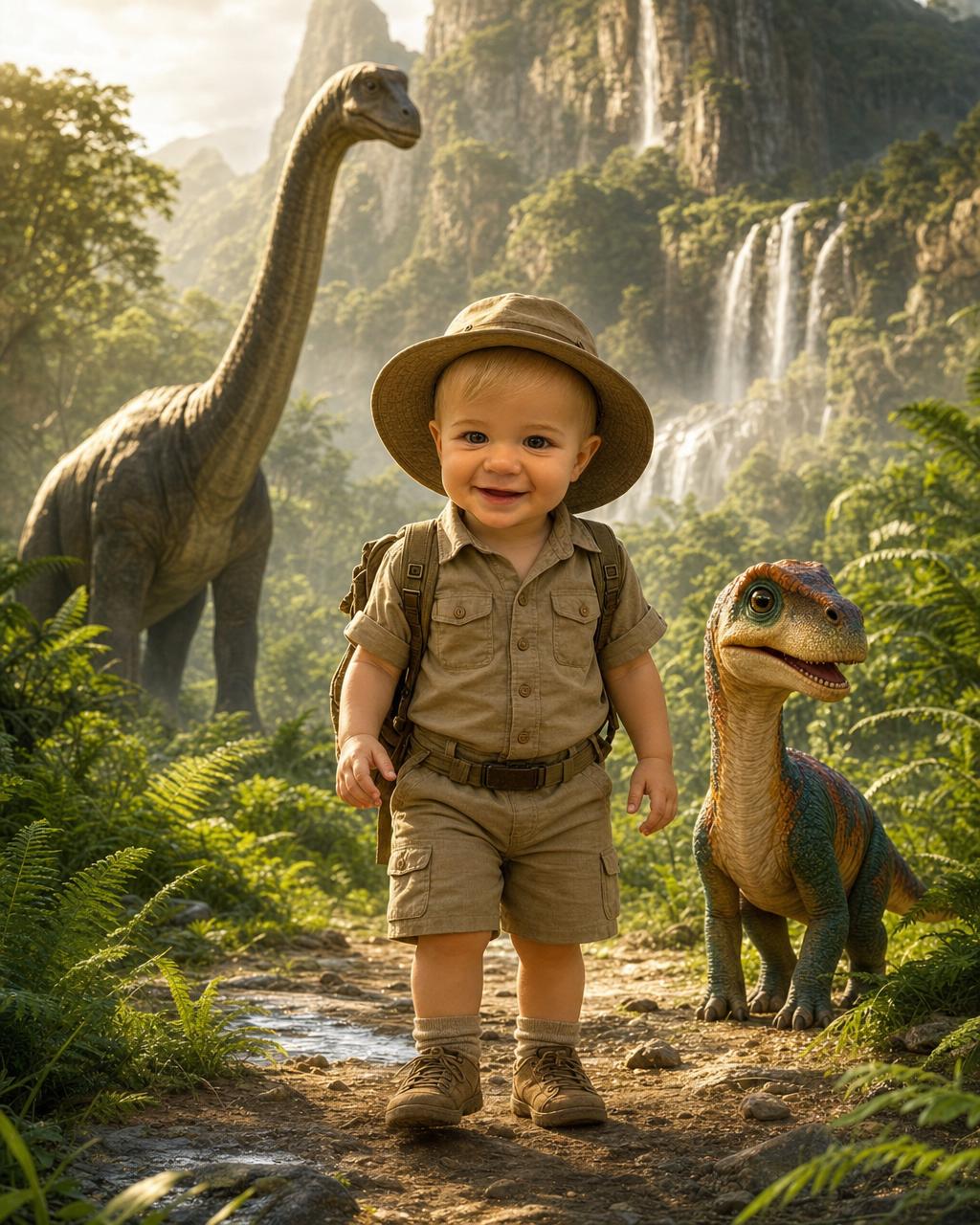 Example custom dinosaur puzzle render: a child as a young explorer in a khaki outfit and wide-brim hat standing in a prehistoric jungle with a friendly long-necked dinosaur behind them, a personalized dinosaur gift for kids.