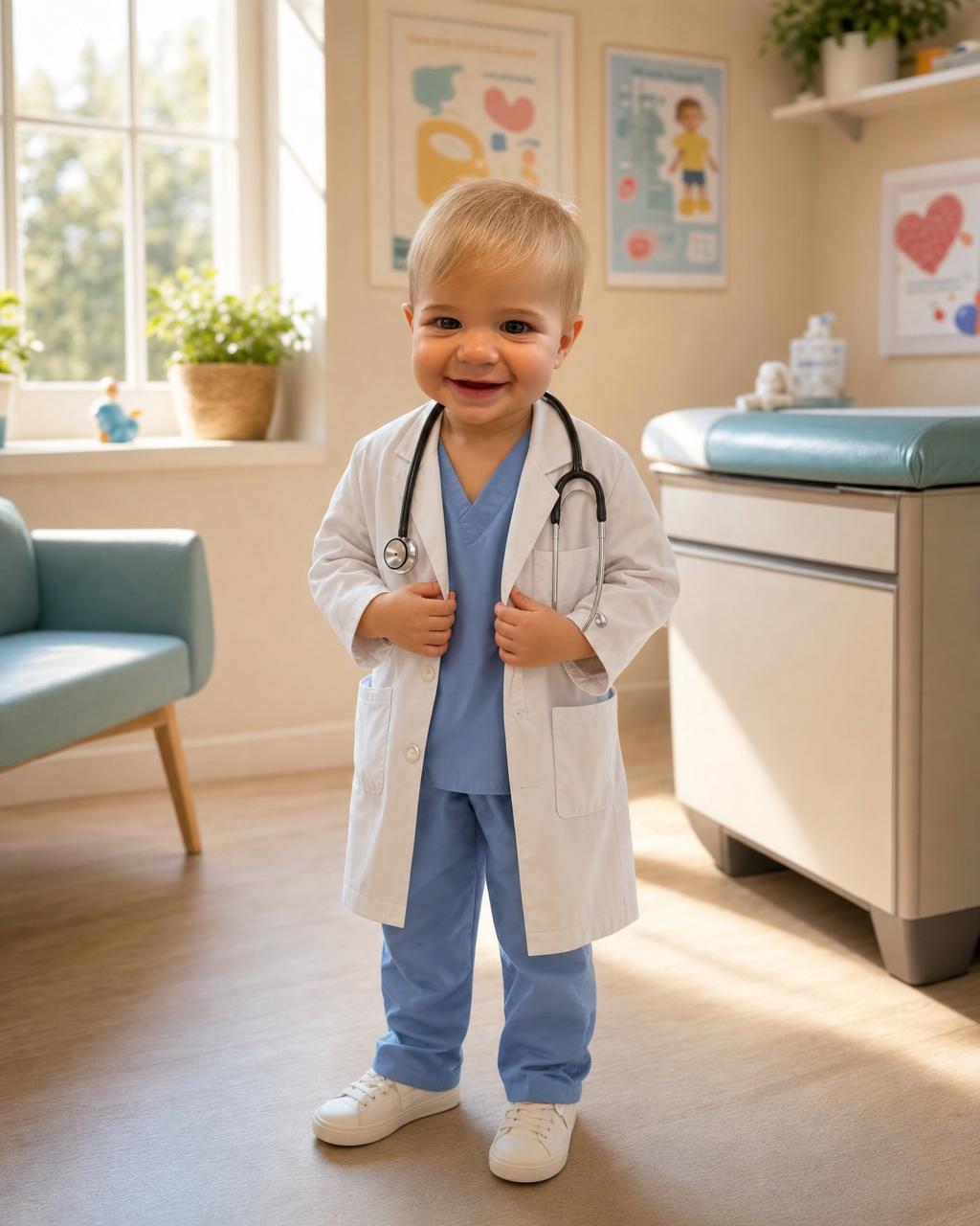 Another Little Doctor render: a young boy in a white coat and scrub top with a stethoscope, standing in a cheerful exam room full of colorful charts.