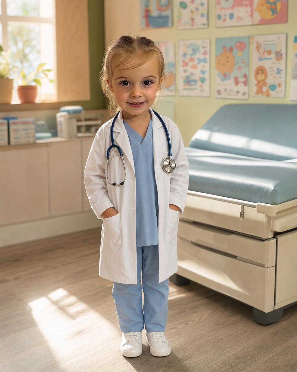 A girl reimagined as a kind young doctor in a white coat with a stethoscope, an example of the personalized doctor puzzle keeping the child's likeness.