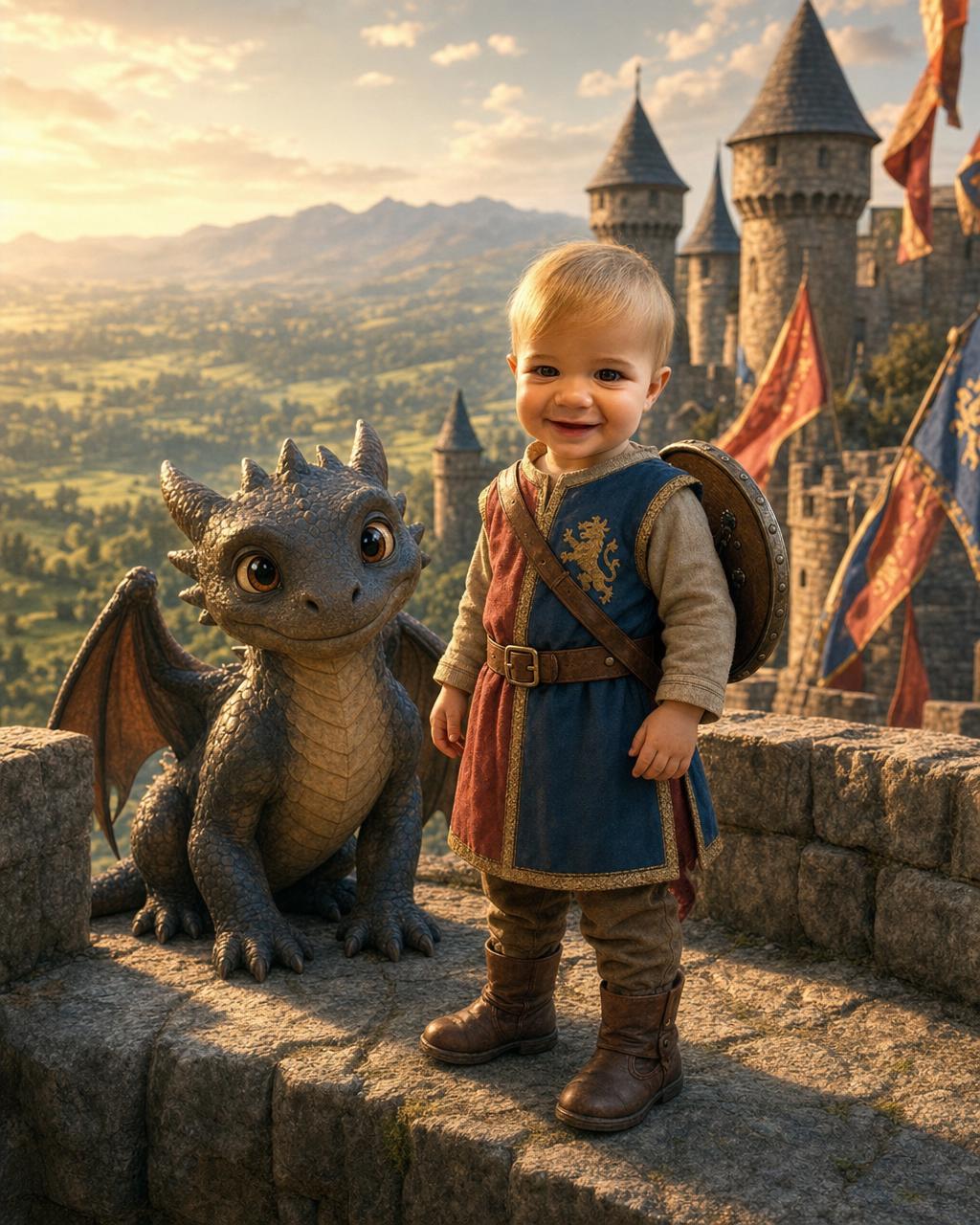 Another Dragon Kingdom example: a young dragon tamer with a small round shield beside their gentle dragon, a green kingdom and mountains in the distance.