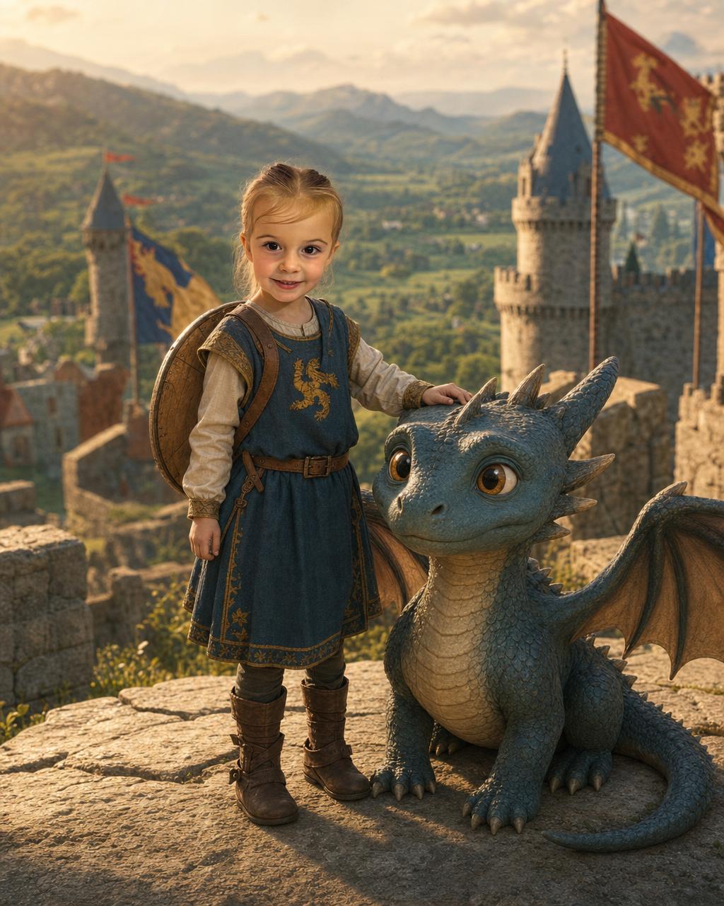 A girl reimagined as a brave dragon tamer on the castle wall with her friendly dragon, showing how the personalized portrait keeps each kid's real face.