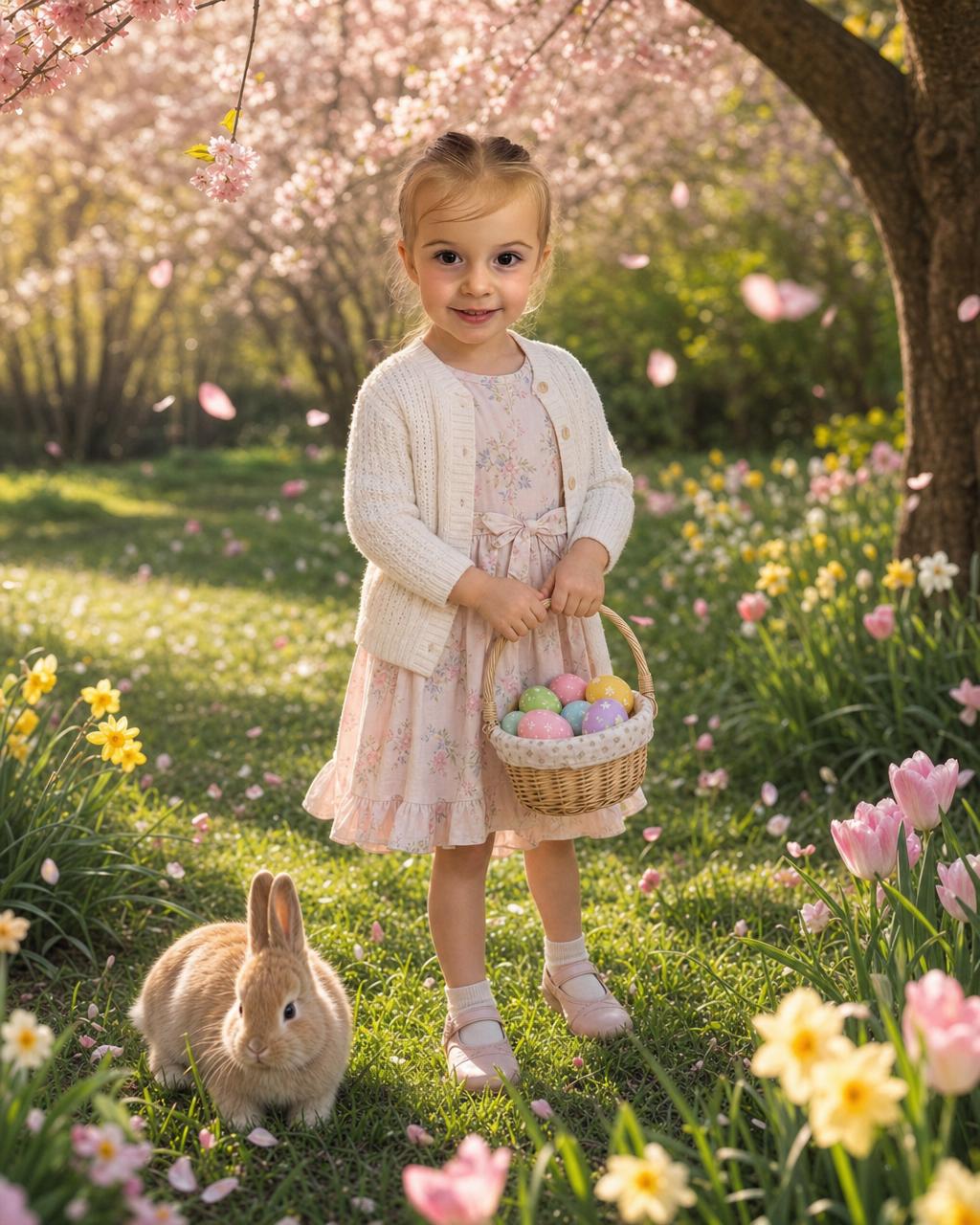 Another Easter Meadow example: a happy girl among tulips and daffodils with a basket of brightly painted eggs and a friendly bunny hopping past in the spring sunshine.
