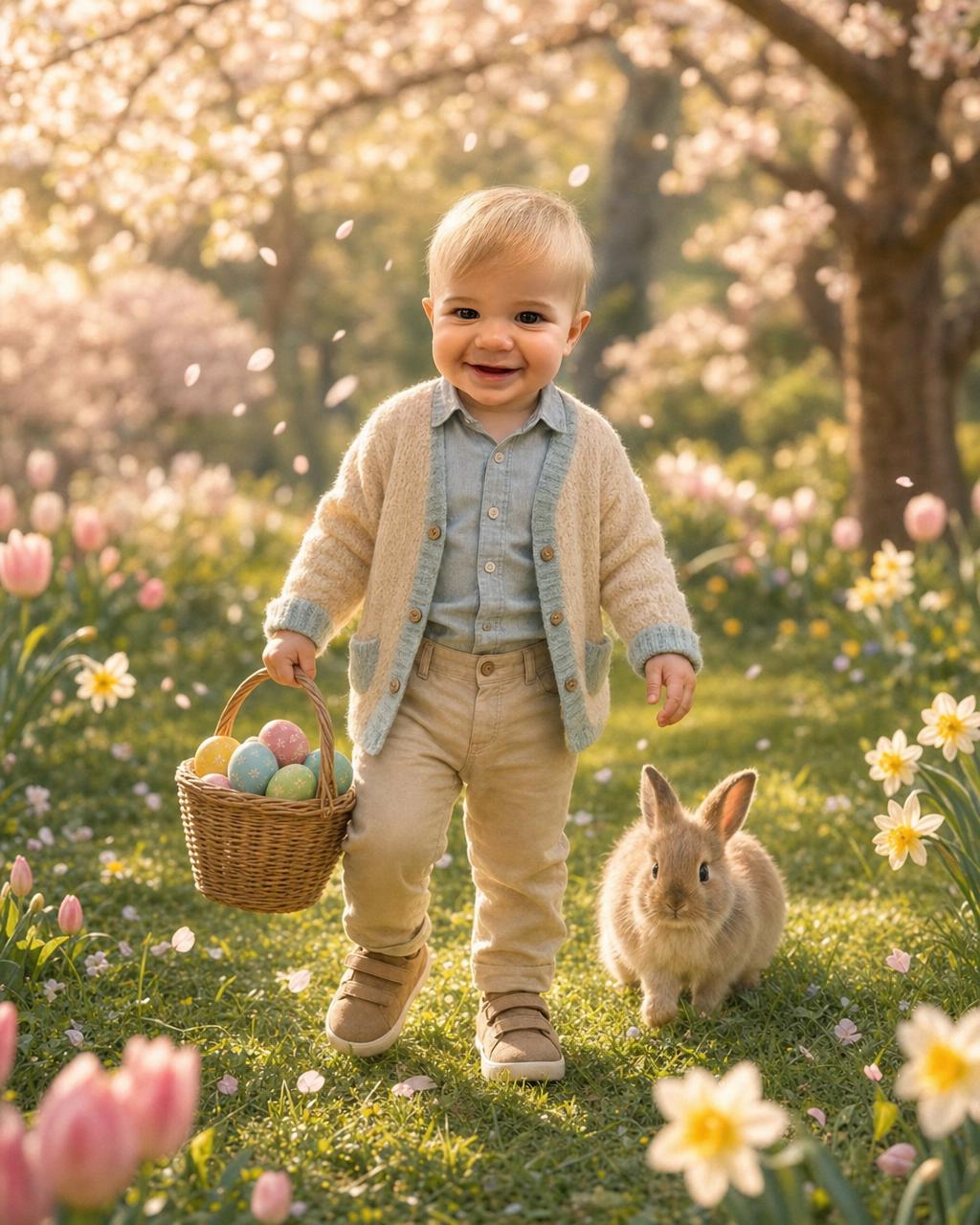A boy reimagined as the star of a springtime Easter egg hunt in a sunlit meadow of blossoms, an example of the personalized Easter keepsake puzzle.