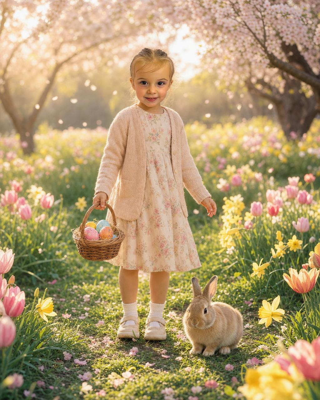 A personalized Easter puzzle showing a smiling girl in a pastel spring dress on a sunlit egg hunt in a blossoming meadow, a basket of painted eggs in hand and a fluffy bunny nearby.