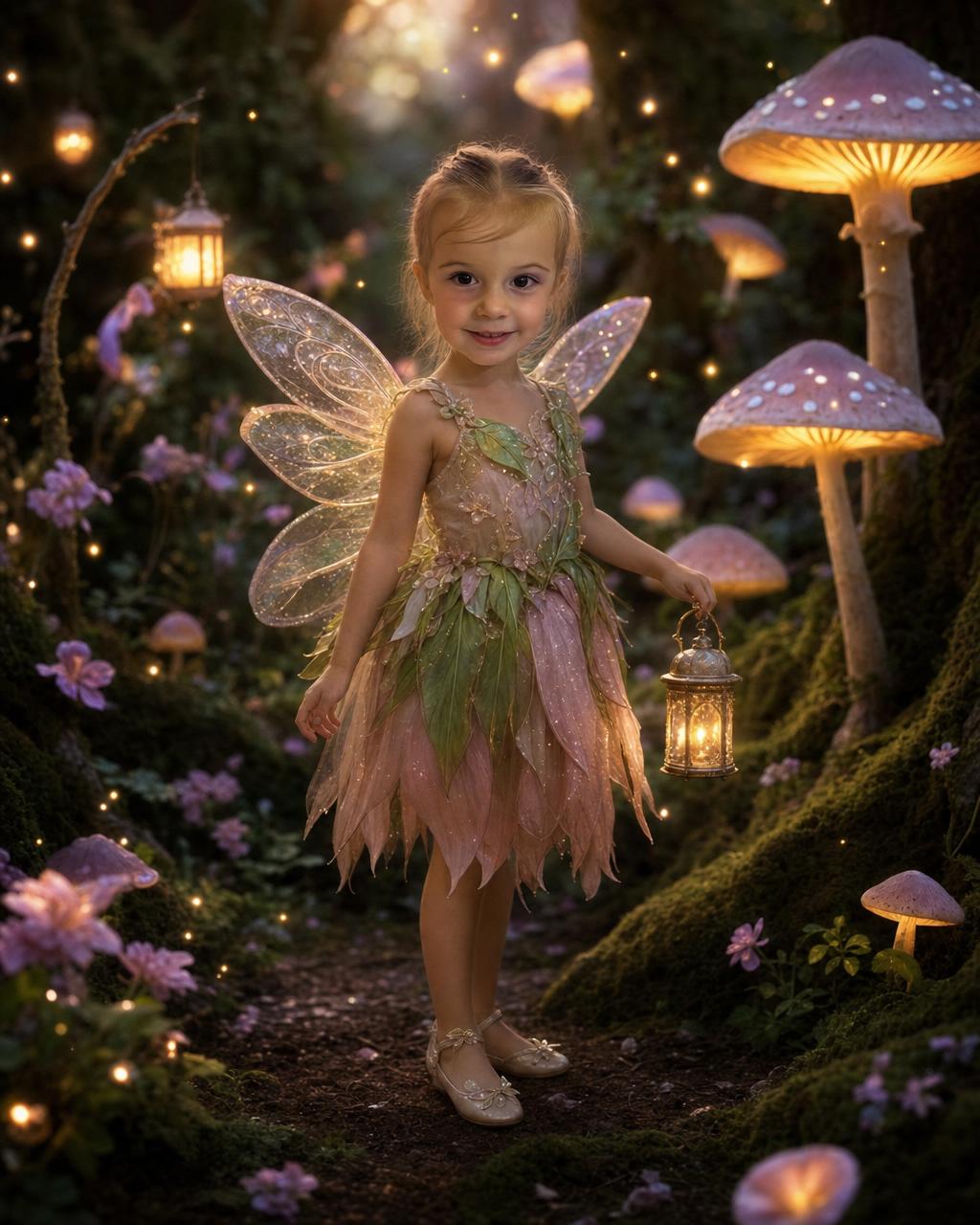Another Fairy Forest example: a young fairy in a petal dress under hanging fairy lanterns, sparkling dust drifting through warm golden light.