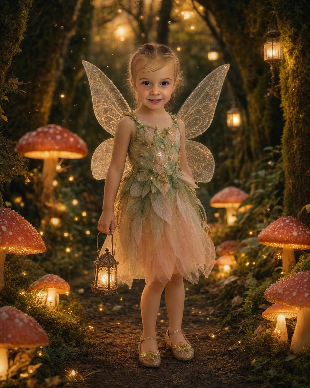 A child with delicate fairy wings standing among glowing toadstools and mossy trees, showing how the personalized portrait keeps each kid's real face.