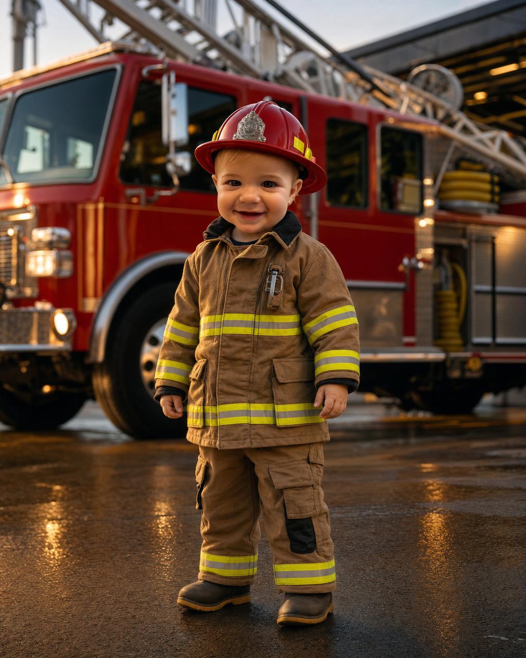 Another Fire Rescue render: a boy in firefighter turnout gear and helmet standing proud in front of a gleaming red fire engine, an example of the custom fire truck gift keeping the child's likeness.
