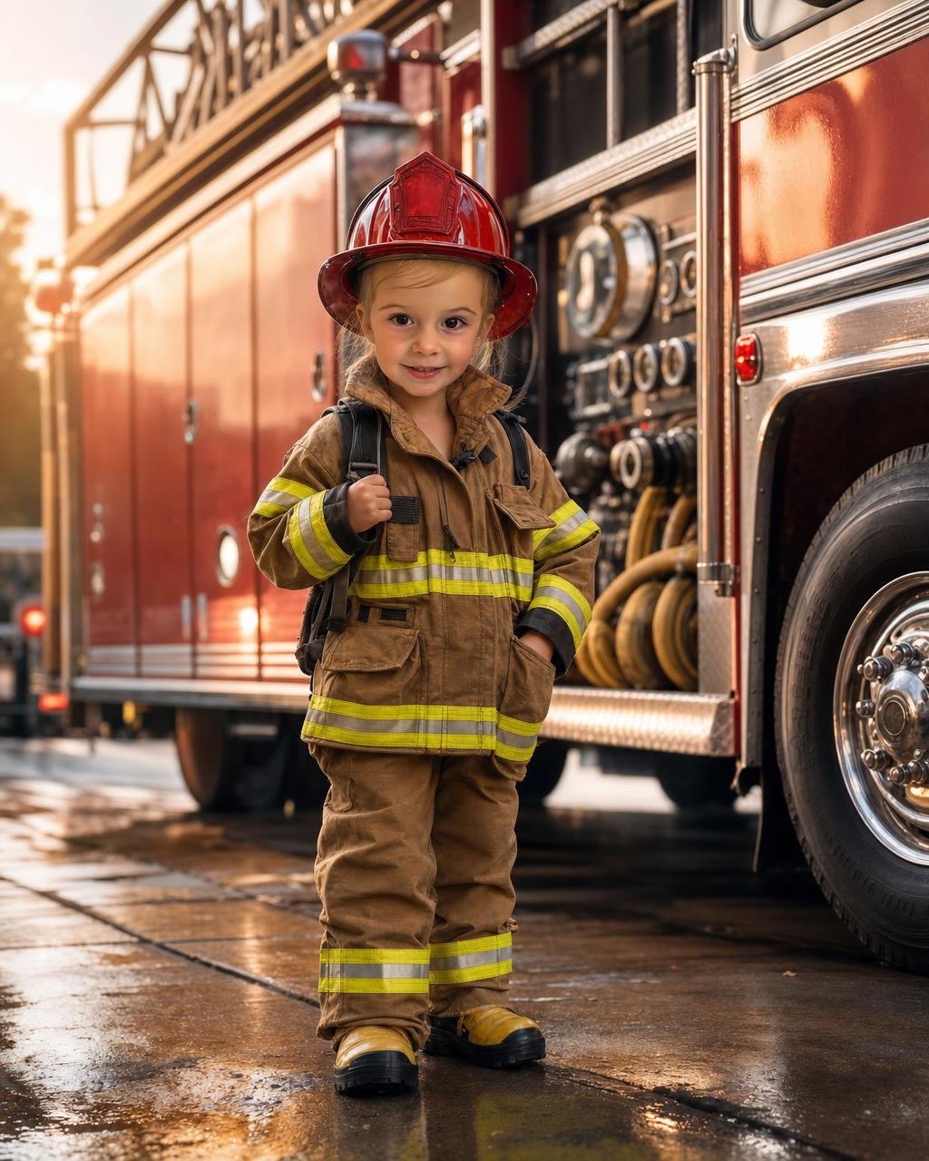 A girl reimagined as a cheerful young firefighter beside a big red fire truck, an example of the personalized firefighter puzzle keeping the child's real face, hair, and skin tone.