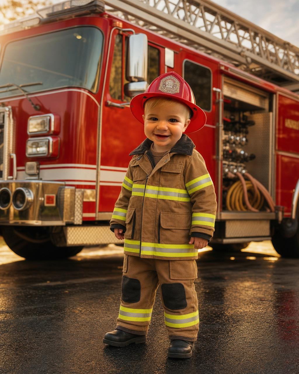 Personalized firefighter puzzle showing a boy as a brave young firefighter in kid-sized turnout gear and a shiny helmet, standing beside a roaring red fire truck with a tall ladder and coiled hoses.
