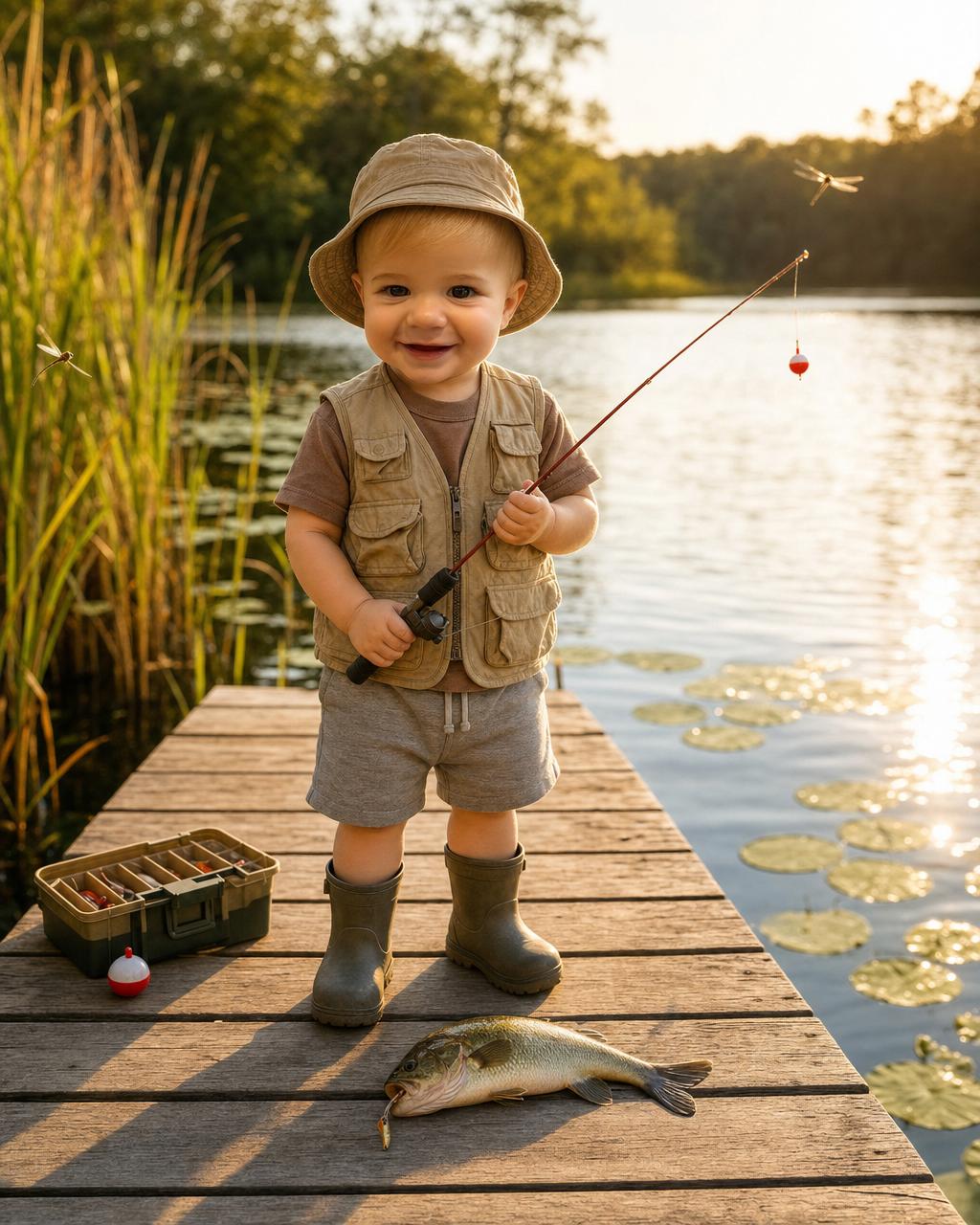 Another Big Catch render: a boy angler on a wooden dock with a tackle box and red-and-white bobber, lily pads and reeds along a calm lake shore.