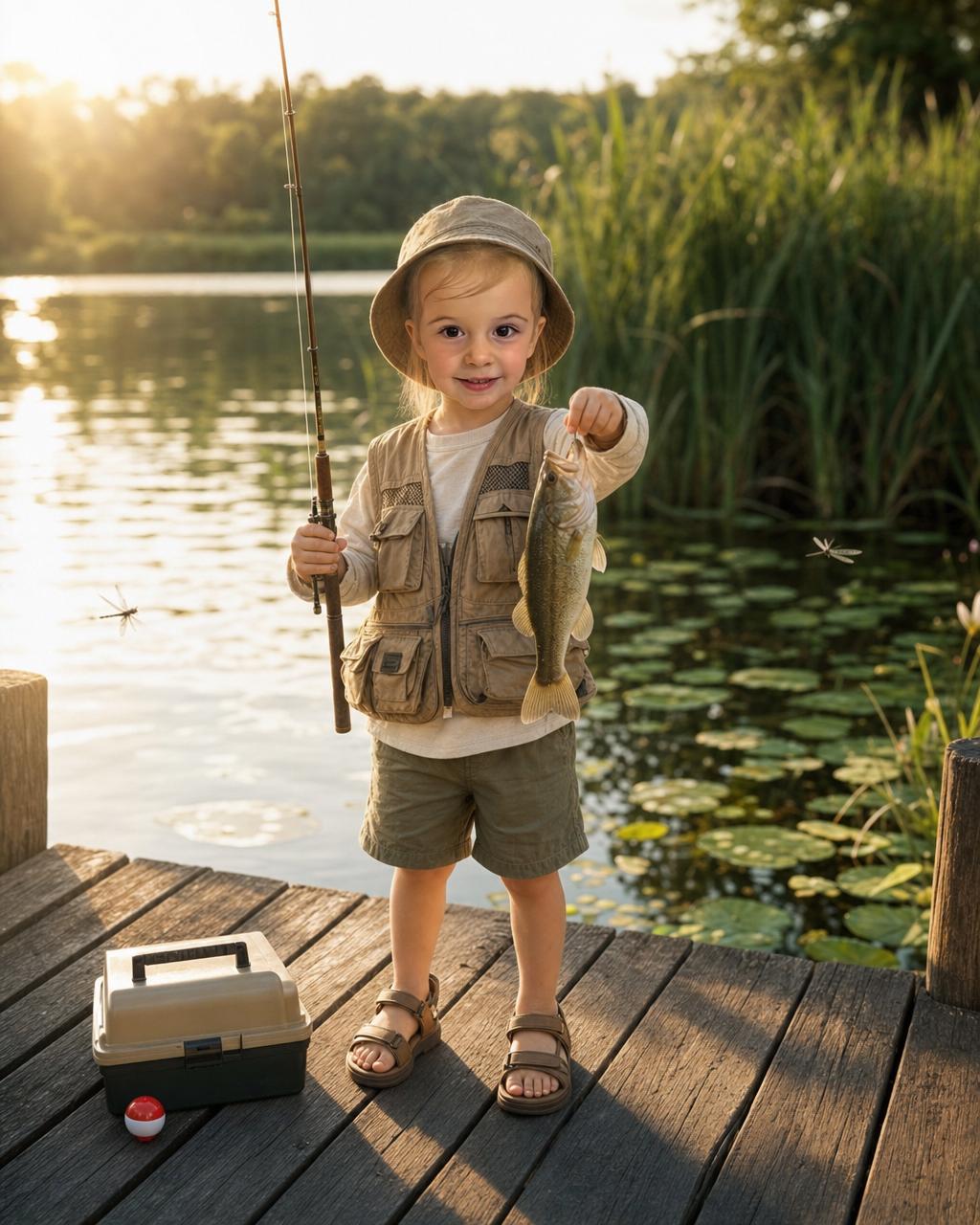A girl reimagined as a proud young angler landing the catch of the day on a lakeside dock, an example of the personalized fishing puzzle keeping the child's likeness.
